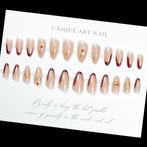 LPOODDNU Almond Red French Tip Press on Nails - Medium Premium Fake Nails with 3D Gold Diamond Designs, Glossy Finished Reusable False Nails with Glue Tabs - 24Pcs Nail Kit for Women Manicure - color: red french tip star