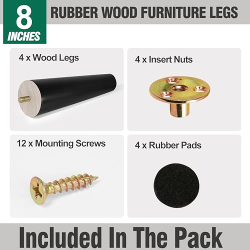 FoDau770 Rubber Wood Legs 8", Straight Taper, 5/16"-18 Thread, Black, 4pcs | Wood Couch legs - Mid Century Sofa Legs - Furniture legs Replacement for Cabinet Dresser Chair Ottoman - color: Black, size: 8 Inch - Straight (90°)