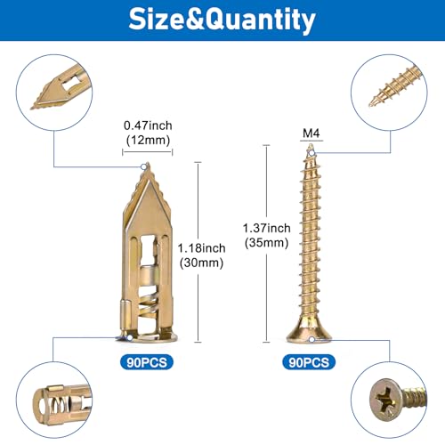 180 Pcs Self-Drilling Drywall Anchors with Screws Kit, Zinc Plated Steel, Easy Application No Drill or Holes in Wall, 90 Anchors and 90 Screws - size: 1size-90pcs