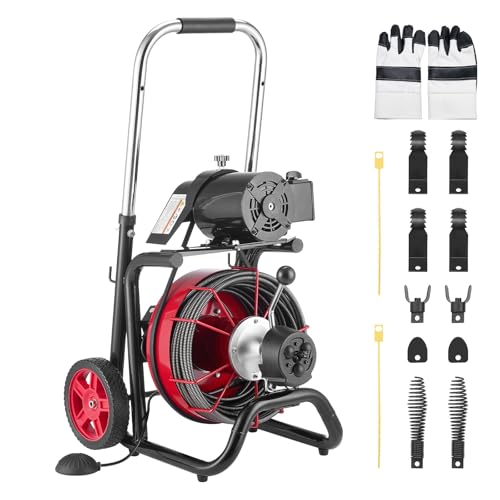 VEVOR Drain Cleaner Machine 100FT x 3/8 Inch, Auto Feed Sewer Snake Auger on Wheels, 370W Portable Drain Cleaning Machine with 8 Cutters & Air-activated Foot Switch for 2" to 4" Pipes - style: 100 FT x 3/8''