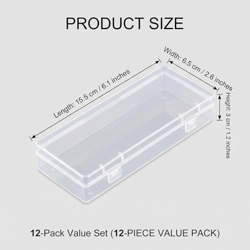 12 Pack Small Plastic Storage Containers, Small Rectangle Organizer with Hinged Lid, Clear Plastic Storage Containers Box for Beads, Jewelry, Crafts, Screws and Accessories (6.1 x 2.56 x 1.18 Inch)
