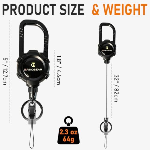 BasicGear Zinger Retractable Carabiner, Magnetic, 29in Steel Cable