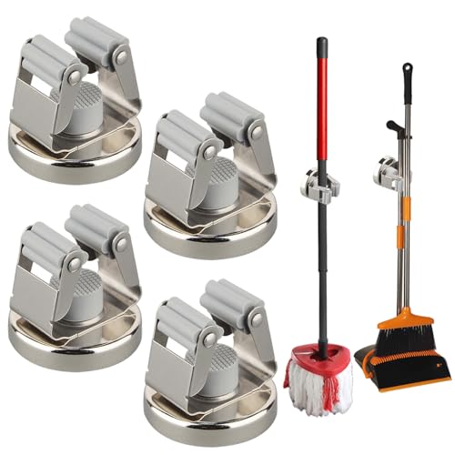 MUTUACTOR Magnetic Broom Holders,4pcs Sturdy Heavy Duty Magnetic Clips Wall Mount,10lbs No Drilling Anti-broken Magnetic Hooks Broom Mop Brackets for Work Cargo Garage Laundry Van Accessories - style: Anti-broken,Silver,4PCS