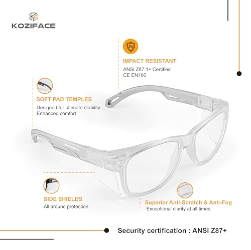 KOZIFACE E52 Anti-Fog Safety Glasses, ANSI Z87.1 Eye Protection with Side Shields, Clear Lens, Lightweight for Work, Lab DIY - color: Clear White