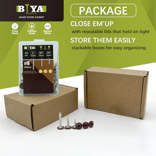 Brown Wood Screws 120pcs #8 Self Tapping Cabinet 3 Size 1/2 3/4 1 Inch - color: Brown, size: 120 SCREW COUNT