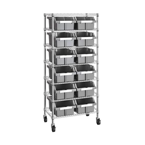 7-Tier NSF 12-Bin Steel Wire Shelving Rack, 25"W x 14"D x 56"H, Gray | 12 slide-out bins with tilt-lock design keep supplies organized and accessible - color: Gray, size: Includes 12 Bins