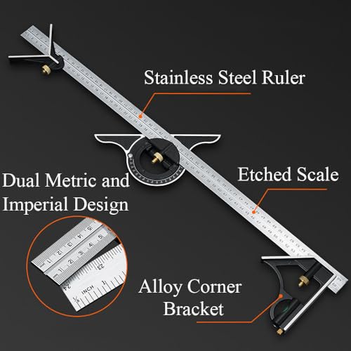 Combination Square Stainless Steel Multi-Function Carpentry Square Clear Scale Easy to Read(600mm/23.62") - style: 600mm/23.62"