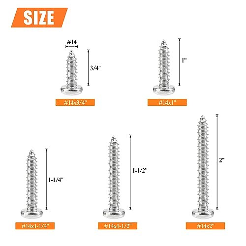 #14 x 3/4" 1" 1-1/4" 1-1/2" 2" Wood Screws Set, HELIFOUNER 48 Pieces Phillips Pan Head Self-Tapping Screws Assortment Kit, Phillips Pan Head Wood Screws, 304 Stainless Steel - size: #14