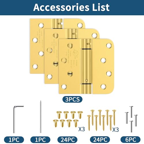 4 Inch Self Closing Door Hinges, Brushed Gold Spring Loaded Hinges 3 Pack - color: Brushed Gold, Square & 5/8" Radius, size: 4" 3 Pack