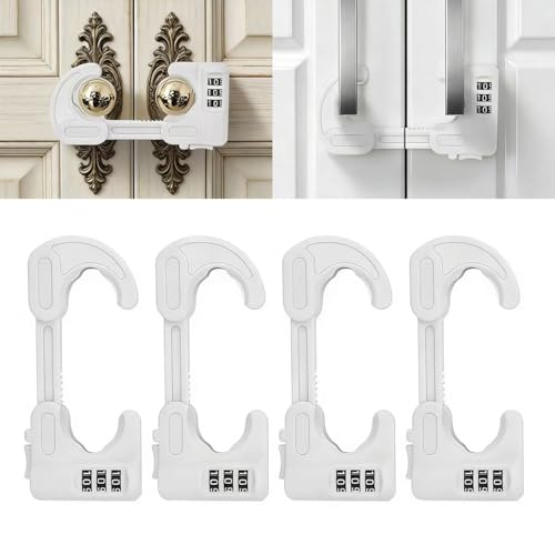 4 Pack Cabinet Locks with Combination Baby Proof Cabinet Door Lock Multifunctional Adjustable Child Safety Lock Knobs Door Lock for Knob Handle (White) - color: White