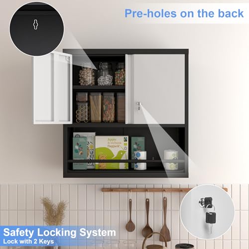 Garage Locking Cabinet, Wall Storage Cabinet with Shelves, Hanging Cabinets with Open Storage, Small Wall Cabinet, Lockable Tool Cabinet for Basement, School, Office - color: 31"h - Grey/Black