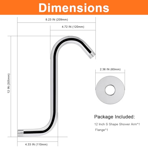 S Shaped Shower Arm, High Rise Shower Head Extension Pipe Standard 1/2" Connection with Flange, Awesome Shower Experience-Stainless Steel Bathroom Accessory(12 Inch S Shape, Chrome Finish) - color: Chrome Finish, style: 12" S Shape
