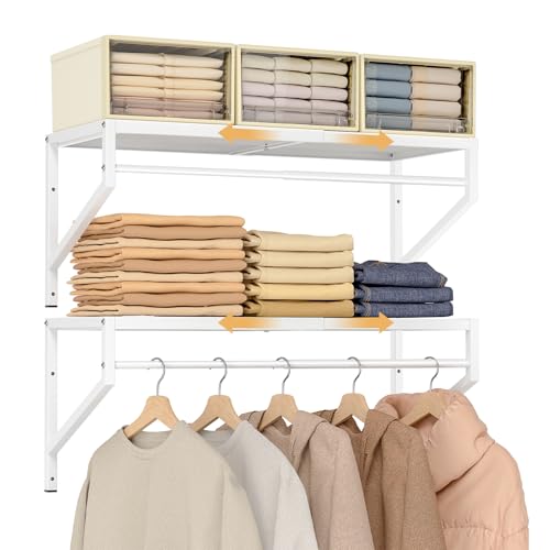 ThreeHio Expandable Closet Shelves Wall Mounted, 2 Pack Closet Shelving with Hanging Rods, Wall Shelving for Walk-in Closet, Hanging Shelves Organizer and Storage for Closet, Laundry - size: 2 Pack