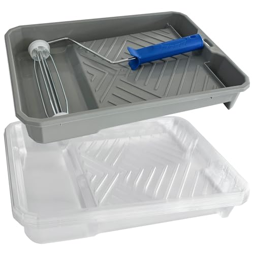 12PCS Paint Tray Set, 1 x 9 Inch Paint Roller Tray, 10 x Disposable Tray Liners and 1 x Roller Frame for Painting Walls, Ceilings, Trim, Siding