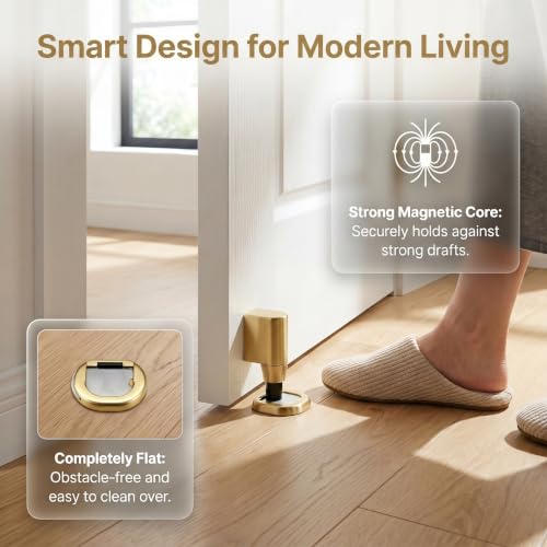 2 Pcs Magnetic Door Stopper for Bottom of Door,Adjustable Door Holder | No Drilling Adhesive Magnetic Door Stop, Keep Door Open, Windproof Door Catch for Home, Pet and Renters, Brushed Gold