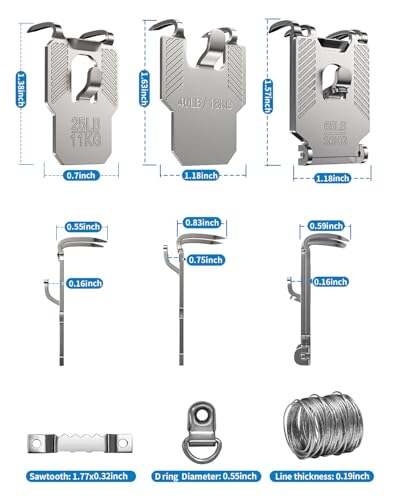 111Pcs Picture Hanging Kit Hooks 25 40 65 LB Drywall Hangers Claw | No Damage Heavy Duty Tool Nail Free Wall Hanger Sawtooth Wire Hardware for Room Office Mirror Photo Poster Frame Decor