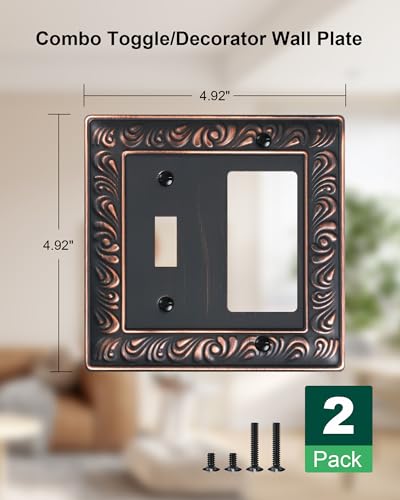 2-Pack Paisley Pattern Combo Toggle/Decorator Light Switch Cover Plate | Decorative Wall Outlet Cover Plate, Electrical Outlet Covers, Metal Wall Switch Plates and Outlet Covers, Aged Bronze - color: Aged Bronze, size: 1 Toggle/1 Decorator 2PK