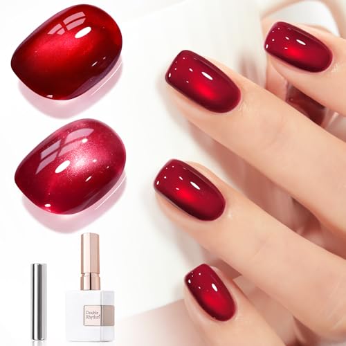 Double Rhythm Jelly Glass Cat Eye Gel Polish with Magnet 15ML Holographic Glitter Shimmer Translucent Sheer Color Magnetic Nail Polish Salon DIY at Home (Red-MC1116) - color: Glass Red