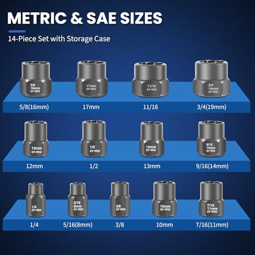 14 Piece Bolt Extractor Kit,Stripped Bolt & Lug Nut Remover Set,3/8" Drive Extractor Socket Set, SAE/Metric for Damaged, Rusted, Frozen Nuts and Bolts - color: 14pcs