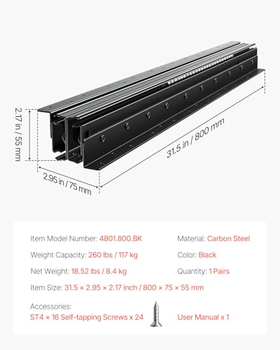 VEVOR Undermount Heavy Duty Drawer Slides, 16 24 32 40 Inch 260 lb Load Capacity Full Extension Ball Bearing Under Stair Cabinet Rails, Bottom Stair Cabinet Glides Track Runners(32inch, Black) - size: 32 Inch