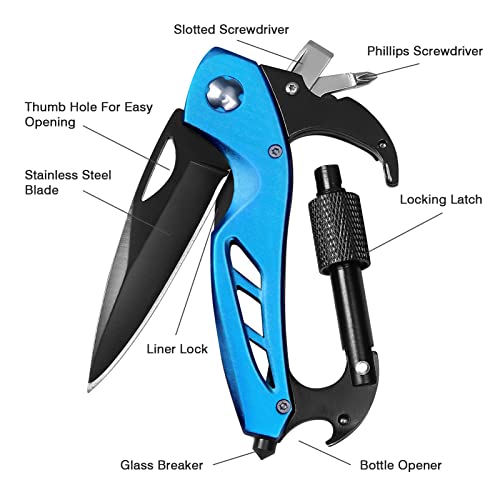 FUNBRO EDC Multitool Carabiner with Knife, Bottle Opener - color: Blue