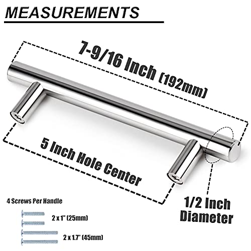 Probrico 5 Pack | 5 Inch Polished Chrome Cabinet Pulls Stainless Steel Kitchen Cabinet Handles, Round T Bar Cupboard Furniture Hardware, Drawer Dresser Pulls Handles - color: Polished Chrome, size: hole center 5"