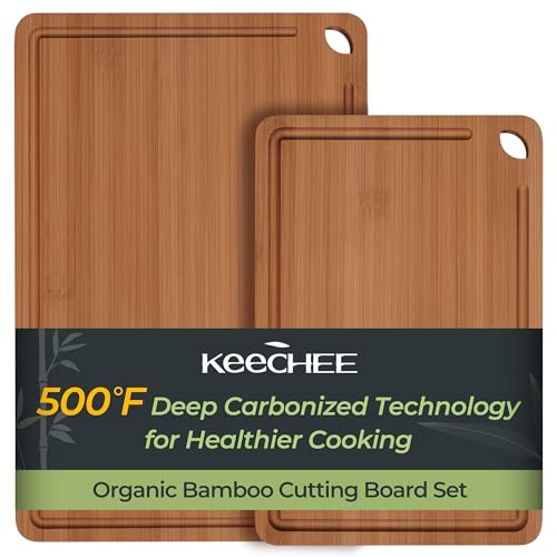 Keechee Butcher Block 2-Pcs Carbonized Bamboo Cutting Board Set With Non-Slip Design For Meal Prep & Cheese Serving(2Pcs) - color: Carbonized Bamboo (Brown), size: 2-Piece