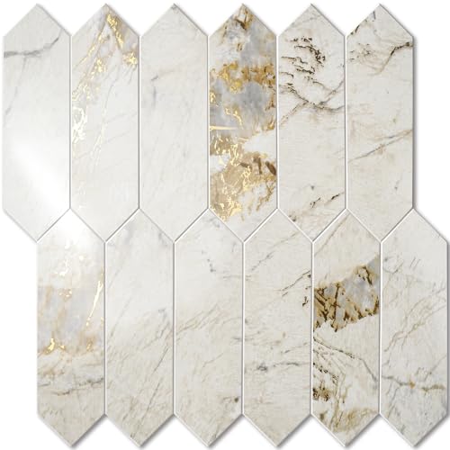 Vamos Tile Glossy Pandora Marble with Gold Veining Backsplash Tile Peel and Stick, 12.8 x 12.8 Inch 10 Sheets Long Hexagon PVC Self Adhesive Mosaic Tiles Stick on Backsplash for Kitchen and Bathroom - color: Glossy Pandora Marble with Gold Veining
