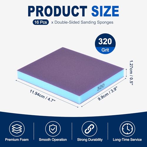 16Pcs 320Grit Double-Sided Sanding Sponges, Washable & Reusable - size: 320Grit