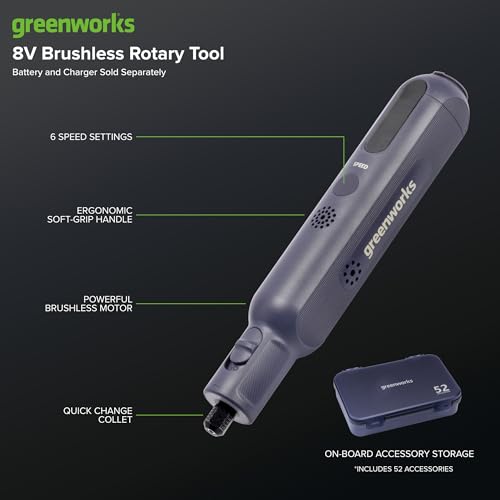 Greenworks 8V Mini Cordless Rotary Tool Kit with Led light,6-Speed &USB Charging with 52 Accessories,Multi-Purpose Power Rotary Tool for Sanding, Polishing, Drilling,Engraving, DIY Crafts