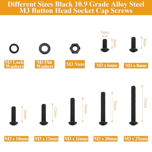 555 Pieces M3 Screws Nuts Washers Set Black, Sutemribor M3 x 6/8/10/12/16/20/25mm Button Head Socket Cap Screws Nuts Washers Assortment Kit, 10.9 Grade Alloy Steel, Fully Threaded - size: M3 x 6-25mm, style: Button Head