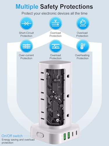 6FT Power Strip Tower with Wireless Charger,Surge Protector with 12 Outlets - color: White, size: 6FT with Wireless Charging