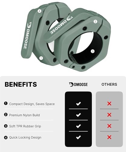DMoose Fitness Barbell Clips 2 Inch (Pair) - Quick Release Olympic Barbell Clamps & Collars with Anti Slip TPR Grip for Secure Weightlifting and Powerlifting - Weight Clips for Bars at Home or Gym - color: Ranger Green, style: Non Magnetic