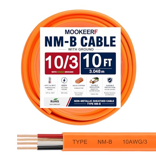 10/3 Wire with Ground - 10FT 10 Gauge NM-B Non-Metallic Sheathed Cable 100% Pure Copper 10 AWG 3 Conductor Residential Indoor Wire for Outlets, Switches, Other Loads and Lighting Wiring Projects etc. - size: 10FT, style: 10AWG/3