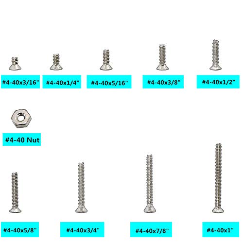 280Pcs #4-40 UNC Stainless Steel Phillips Flat Head Countersunk Machine Screws Nuts Assortment Kit- #4-40x 3/16" 1/4" 5/16" 3/8" 1/2" 5/8" 3/4" 7/8" 1" - size: #4-40