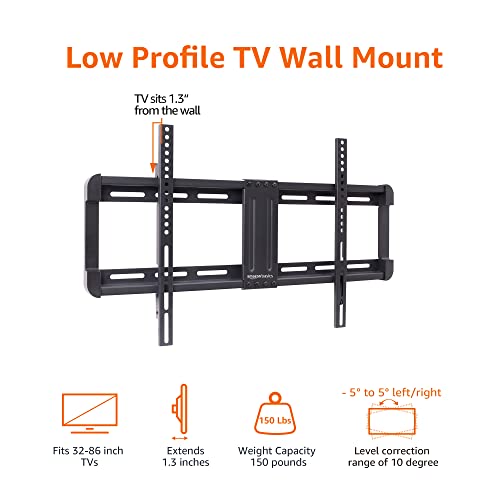 Amazon Basics Low Profile TV Wall Mount with Horizontal Post Installation Leveling for 37 to 86 inch TVs, Wood Studs Compatible, Black - style: Fixed