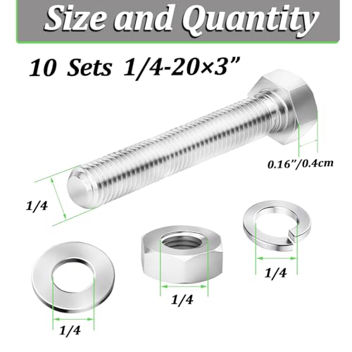10 Sets1/4-20 × 3" Stainless Steel Hex Head Screws Bolts, Nuts, Flat & Lock Washers,18-8(304) Full Thread - color: Silver, size: 1/4-20×3"(10 Sets)