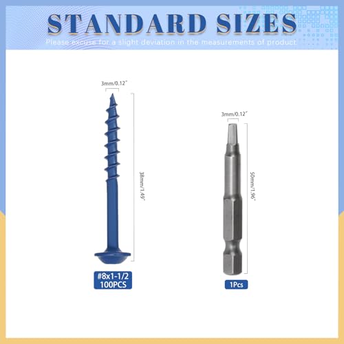 Glarks 100pcs #8 x 1-1/2’’ Pocket Hole Screws with Square Drill Bit Kit, Blue Coated Square Drive Wood Screws, Washer Head Coarse Thread Screw for Woodworking, Furniture - size: 100pcs 8x1-1/2