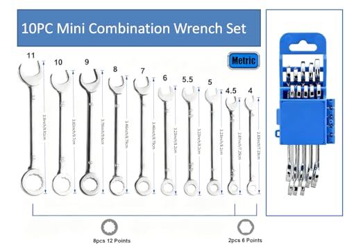 10-Piece Small Wrench Set, Metric Sizes 4mm-11mm, Blue Organizer - size: Metric