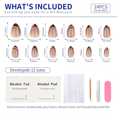 Nude Almond Press on Nails Medium Short, French Fake Nails with Unique Elegant Shaped Burgundy French Tip Design, Glossy Finish Acrylic Nails, Natural Reusable Glue on Nails - color: 29-French Allure