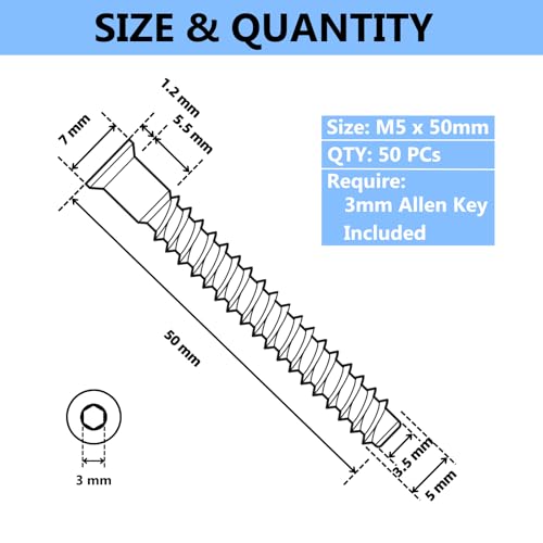M5 x 50mm Confirmat Screws Black 50 PCs, Hex Socket Drive Countersunk Furniture Connecting Self-Tapping Screw Set Carbon Steel Zinc Plated - color: Black, size: M5x50mm