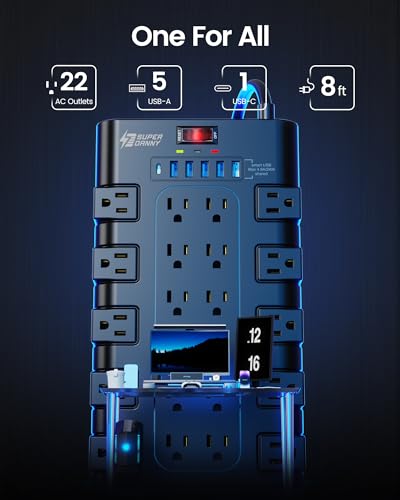 SUPERDANNY Power Strip Surge Protector, 22 AC 6 USB, 2100J, 8Ft, 1875W/15A - color: Black, size: 8 ft