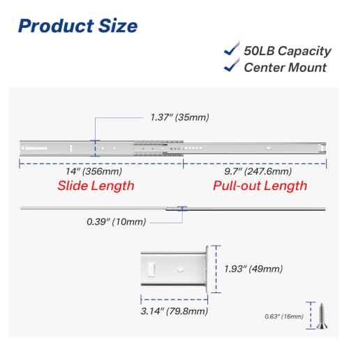 14 Inch Center Mount Drawer Slides 4 Pcs, Heavy Duty Hidden Rails - size: 14 Inch