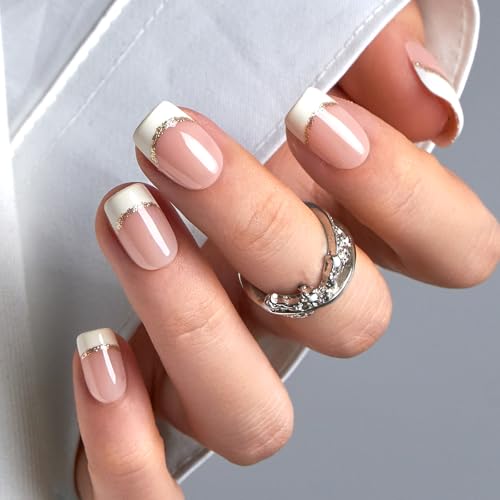 CurvLife Short Square French Tip Press On Nails, Classic White, Soft Gel - color: French Nails with Glitter