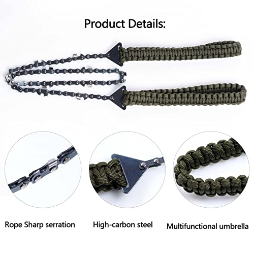 Sucrain Pocket Chainsaw with Paracord Handle, Folding Chain Hand Saw, Emergency Outdoor Survival Gear for Camping, Hunting, Hiking, Cutting Wood & Tree (Army Green, 11 Teeth, 24'' Long) - style: Army Green, 11 Teeth, 24'' Long