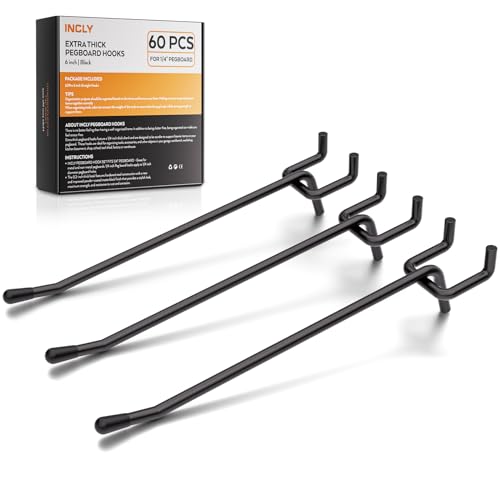 INCLY 60 Pack 6 Inch Black Pegboard Hooks, 1/4" Heavy Duty - color: Black, size: 6inch-60pcs