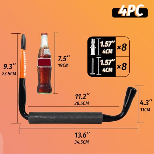HUHOLE 4 Pack 13.6 Inch Jumbo Garage Storage Hooks - size: 13.6" Ski Board Hanger