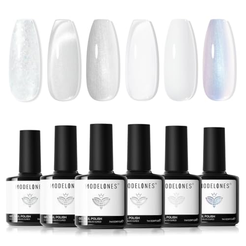 modelones White Gel Nail Polish Set, 6 Colors Milky Jelly White Sparkle - color: A A A1 Pearl Diamond White