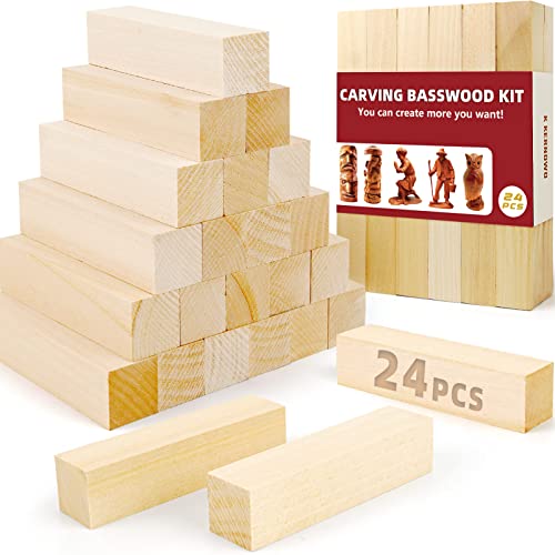 Basswood Carving Blocks, 24PCS Whittling Wood Blocks Wood Carving Kit, Bass Wood for Wood Carving Easy to Use, for Kids and Adults - color: 24 PCS