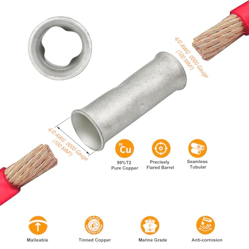 SVAAR 0000 Gauge Flared Barrel Butt Splice Connectors Kit 6PCS 4/0 AWG Non-Insulated Butt Connectors Tinned Copper Marine Grade Flared Compression Butt Splices Crimp Butt Terminals+6 PCS Heat Shrinks - color: Tinned Copper